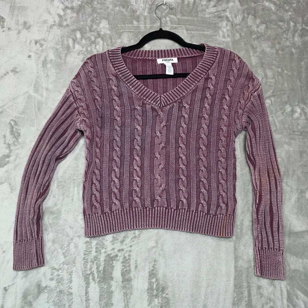 RSQ Womens Purple Cable Knit V-Neck Cropped Sweater Long Sleeve XS